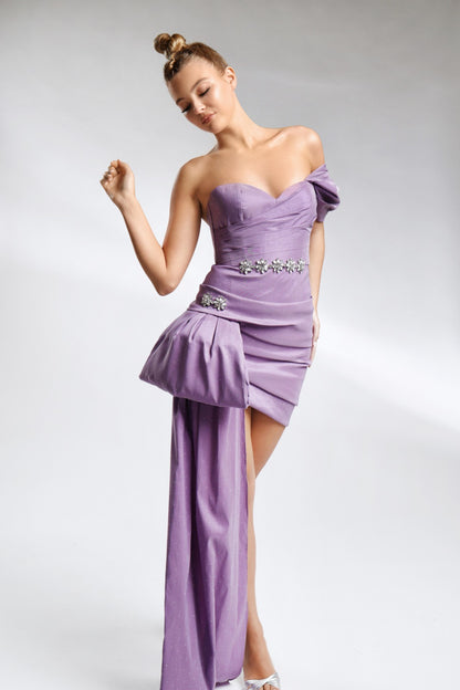 Rochie de seară scurtă asimetrică, cu corsaj și pliuri, R33S27, Sabrina