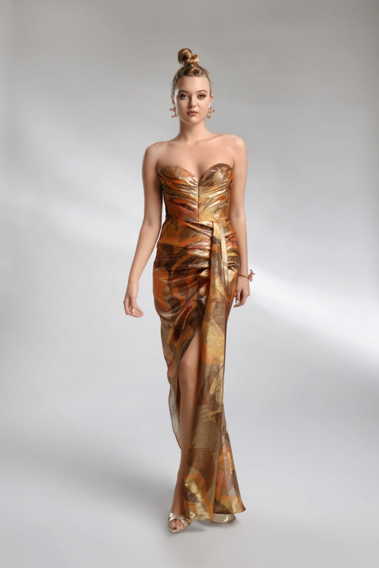 Klimt, Rochie de seară din mătase bronz, R35H27