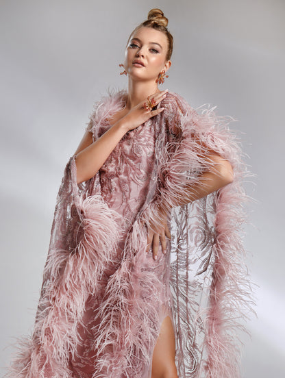 Elegant evening dress with asymmetric embroidery and feather detailing – Biana