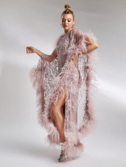 Elegant evening dress with asymmetric embroidery and feather detailing – Biana
