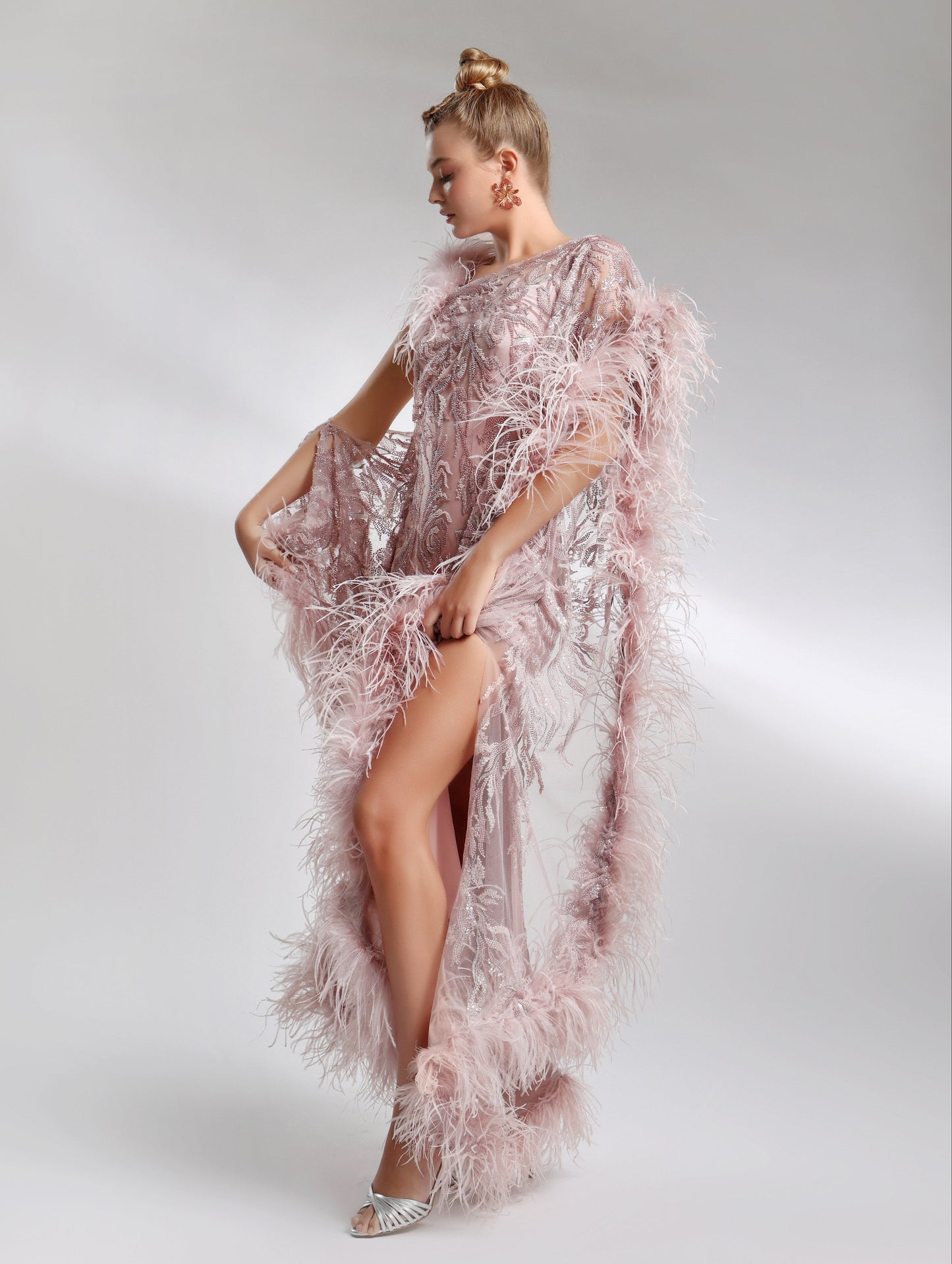 Elegant evening dress with asymmetric embroidery and feather detailing – Biana