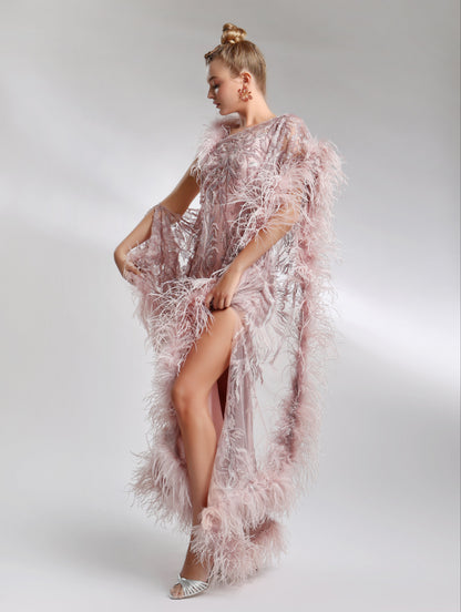 Elegant evening dress with asymmetric embroidery and feather detailing – Biana