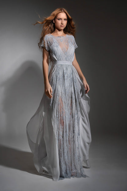 Rochie de seară lungă din dantelă Chantilly și mătase – Serena R4S27