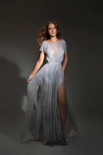 Rochie de seară lungă din dantelă Chantilly și mătase – Serena R4S27