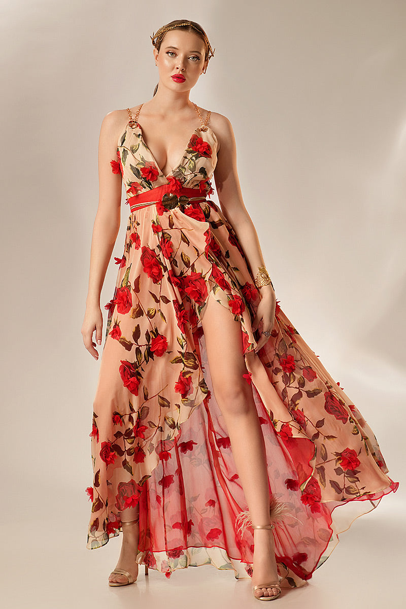 Rochie asimetrica lunga cu flori Amber