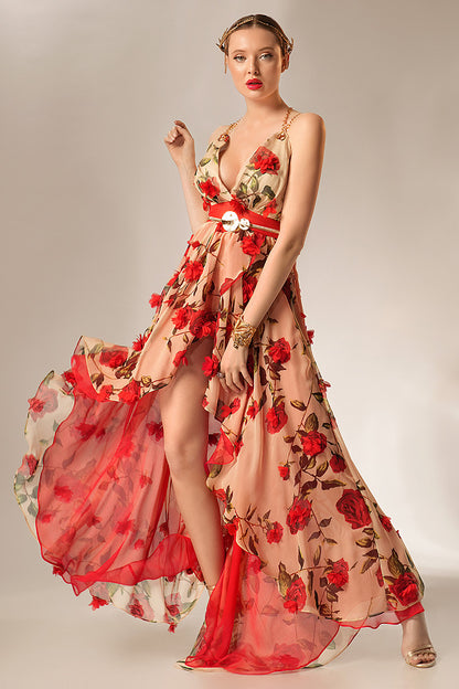 Rochie asimetrica lunga cu flori Amber