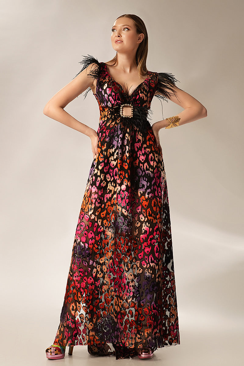 Rochie de seara lunga cu pene R17S23 Ametist