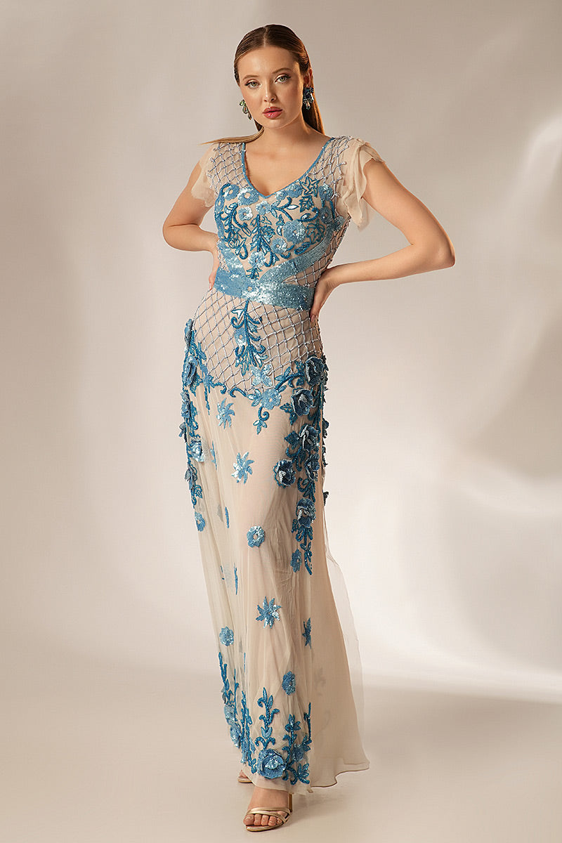 Rochie de seara tip sirena lunga cu flori si  brodata manual  R23S16