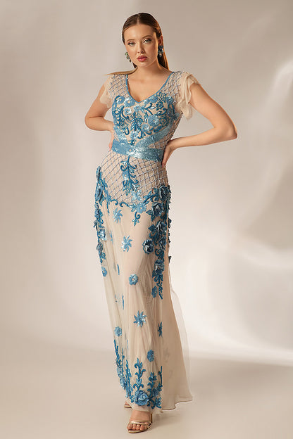 Rochie de seara tip sirena lunga cu flori si  brodata manual  R23S16