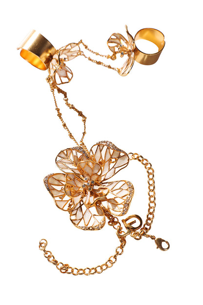 Bratara cu inel Nenuphar din alama acoperiti cu strat gros de aur si cristale