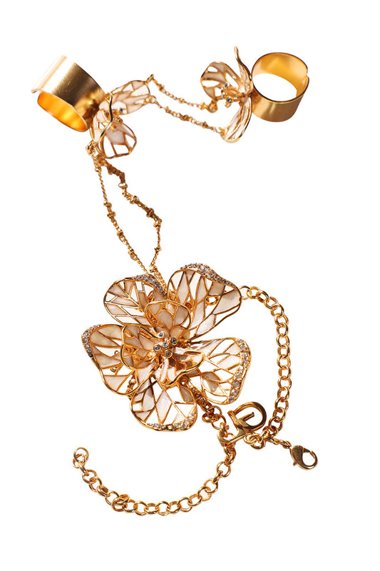 Bratara cu inel Nenuphar din alama acoperiti cu strat gros de aur si cristale