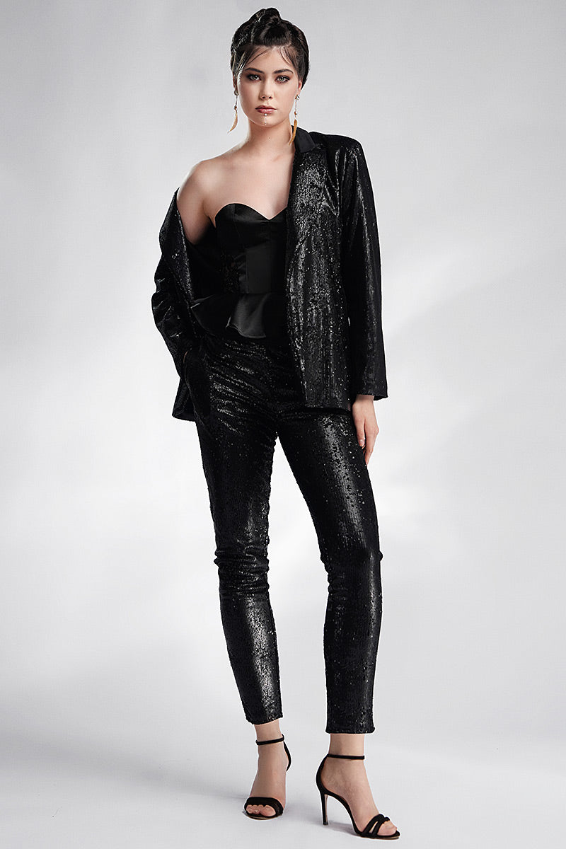 Costum de paiete negru cu pantalon si guler satin Leo