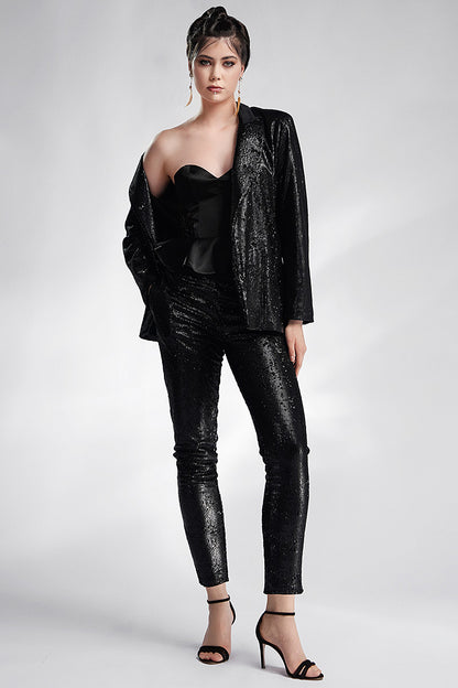 Costum de paiete negru cu pantalon si guler satin Leo