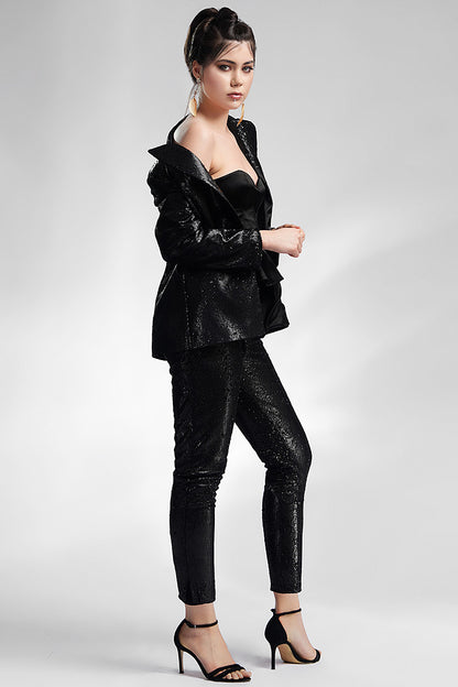 Costum de paiete negru cu pantalon si guler satin Leo