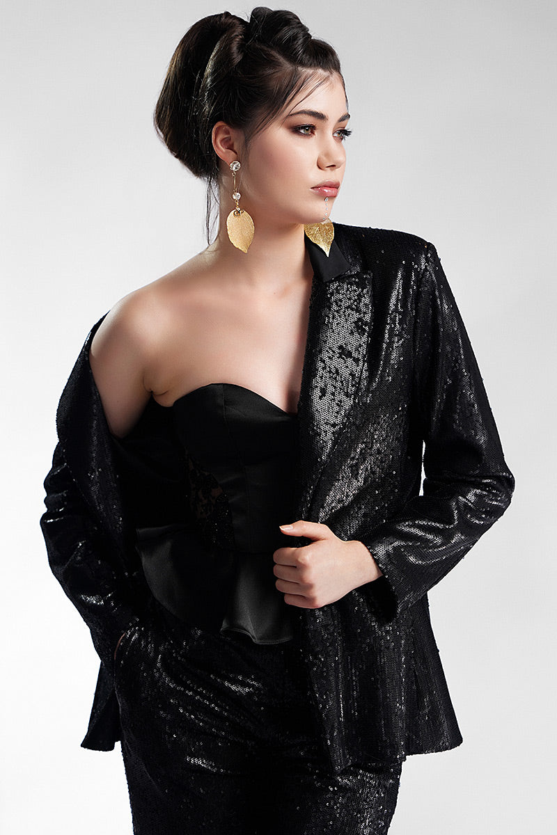 Costum de paiete negru cu pantalon si guler satin Leo