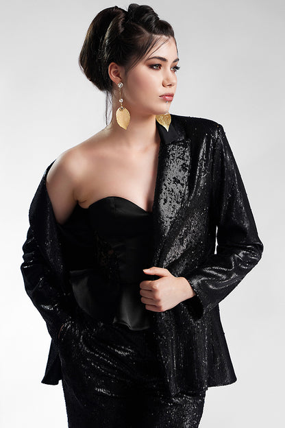 Costum de paiete negru cu pantalon si guler satin Leo