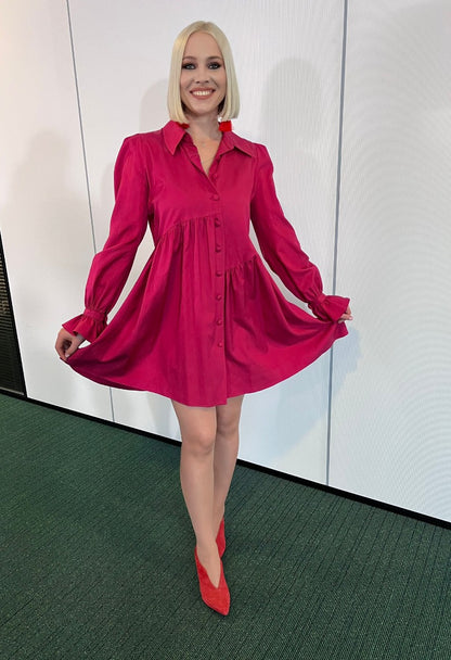 Rochia midi de de zi din matase naturala si lana cu maneci lungi Pinky