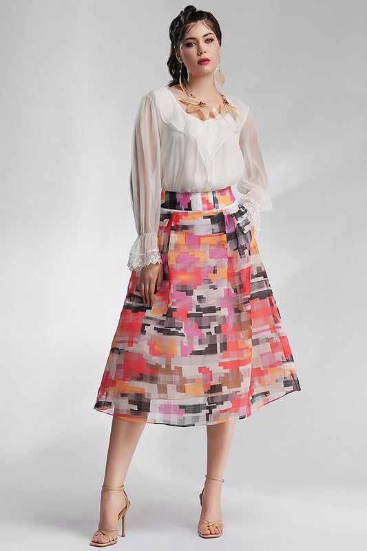 Fusta colorata midi larga cu tull Matisse