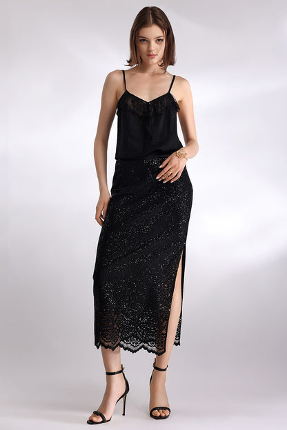 Fusta din paiete si dantela neagra, Shine, perfecta pentru zi sau o aniversare