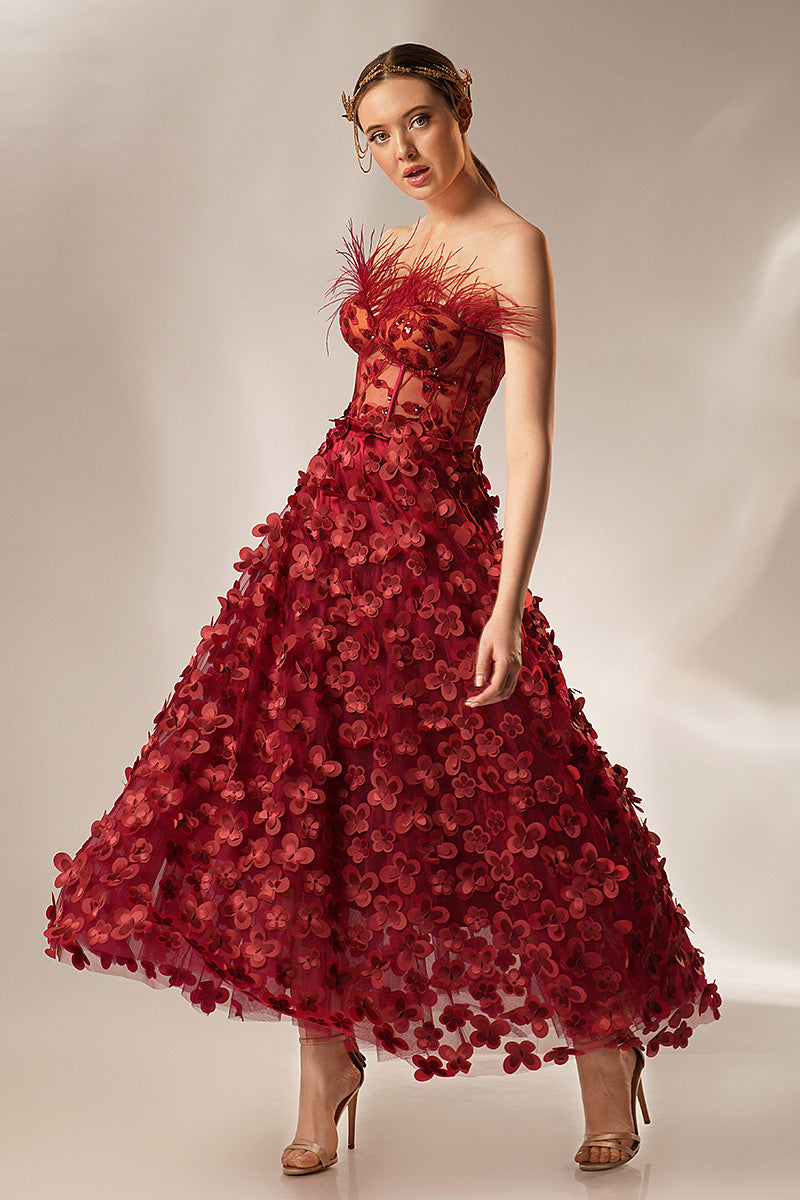 Rochie midi cu corsaj si pene de strut R20S23 Coral