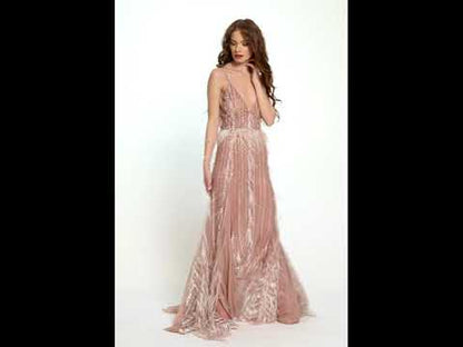 Rochie lunga de seara de lux cu broderie si pene cu slituri R8H20