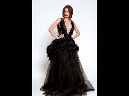 Rochie lunga de seara, eleganta in forma A, lunga, cu broderie si tull R16H20