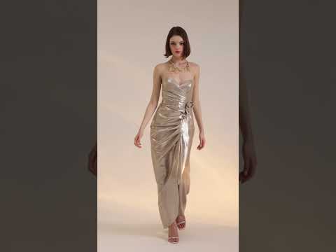 Rochie de seara lunga cu corsaj Golden asimetrica