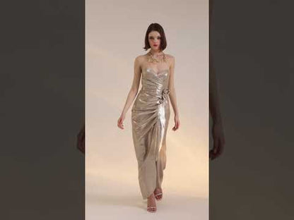 Rochie de seara lunga cu corsaj Golden asimetrica