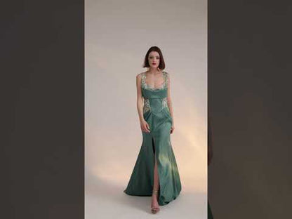 Rochie de seara lunga din satin mat cu dantela brodata si corset Freedom