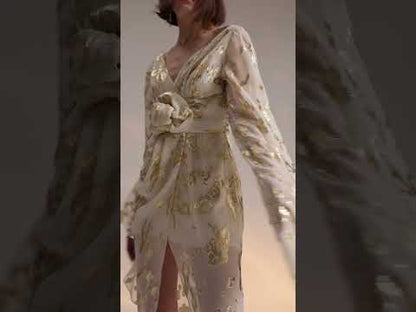 Rochie lunga din matase cu gold si cu maneci largi Kale