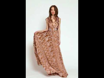 Rochie de de seara lunga din matase brocart  plisata cu decolteu in V R13H20