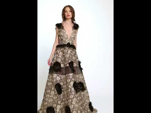 Rochie de seara lunga eleganta in forma de A cu dantela aurie R3H20