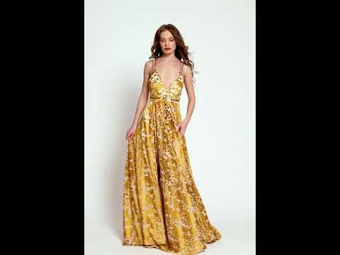 Rochie lunga de seara matase cu brocart si lant ca bretele R5H20