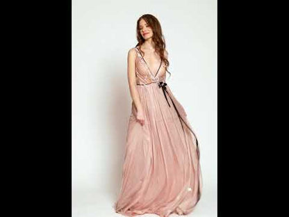 Rochie lunga de seara, eleganta, cu matase naturala si broderie cu pene R6H20