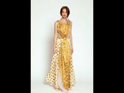 Rochie lunga de ocazie cu matase si buline aurii R7H20