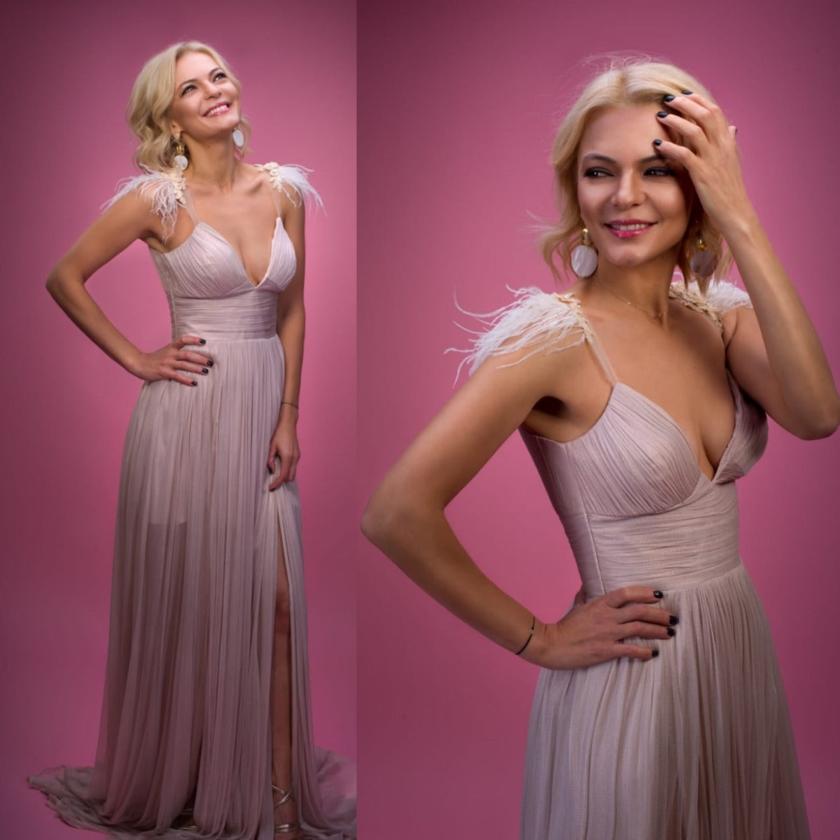 Rochie lunga de matase naturala cu corsaj si pene pe umar R14H20