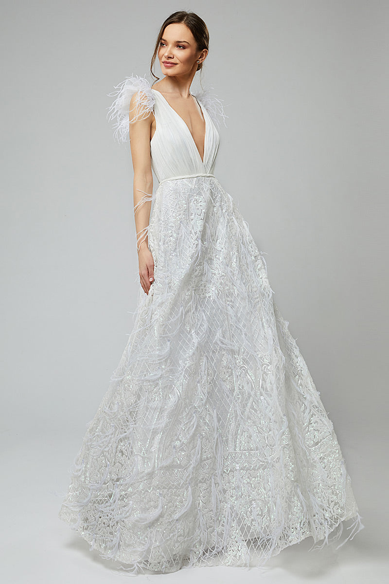 Rochie de mireasa cu matase naturala si dantela in forma de A Regyna