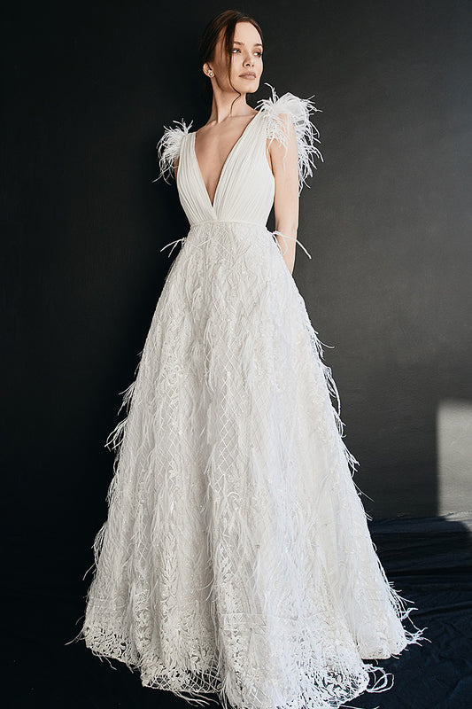 Rochie de mireasa cu matase naturala si dantela in forma de A Regyna