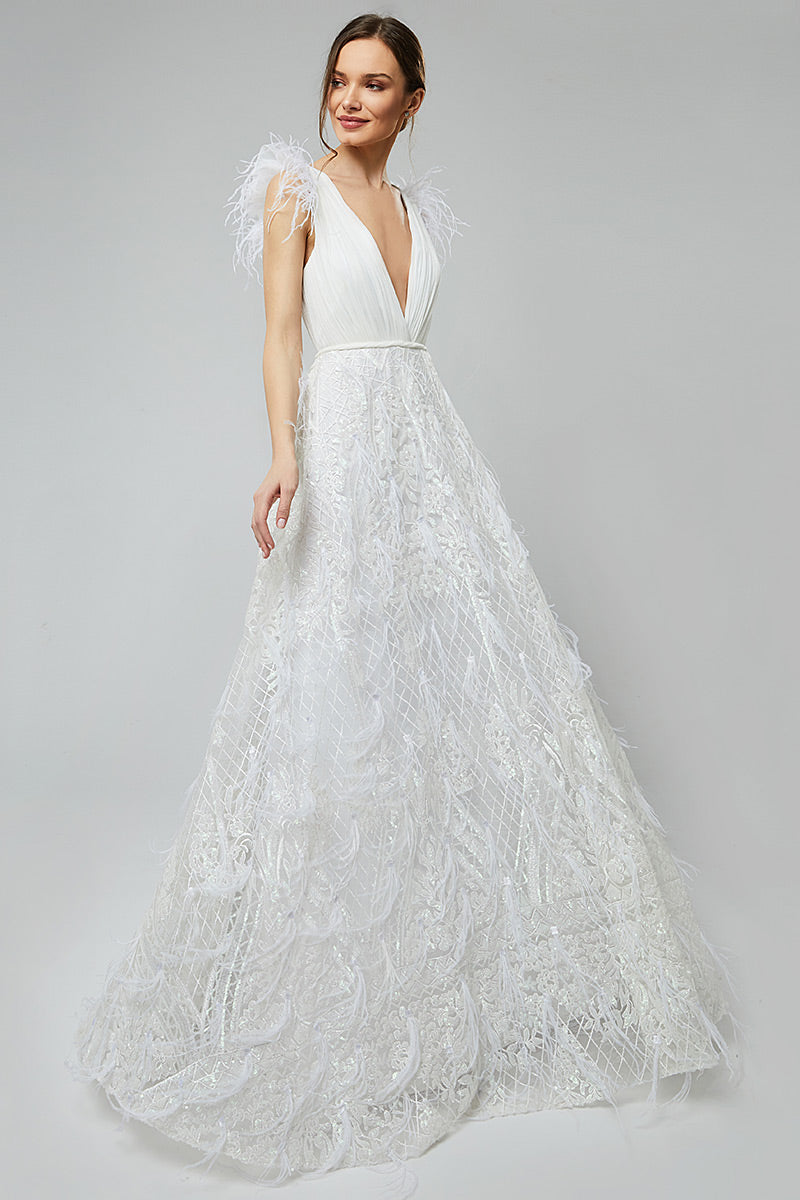 Rochie de mireasa cu matase naturala si dantela in forma de A Regyna