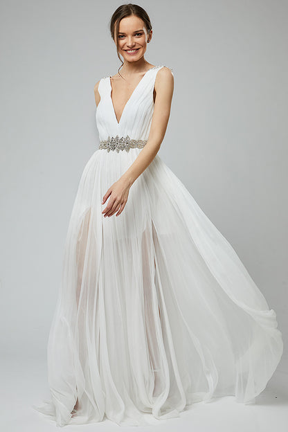 Rochie de mireasa lunga din matase naturala si broderie cu pietre Vera