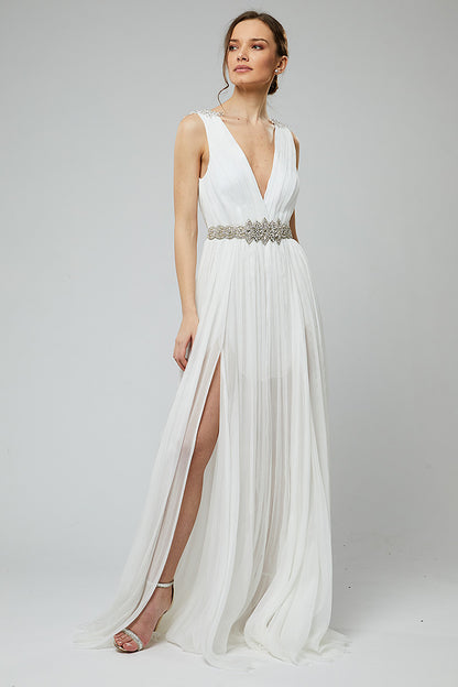 Rochie de mireasa lunga din matase naturala si broderie cu pietre Vera