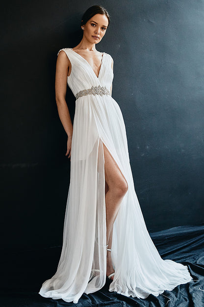 Rochie de mireasa lunga din matase naturala si broderie cu pietre Vera