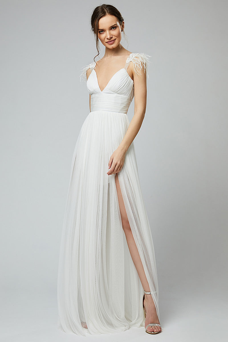 Rochie lunga de mireasa din matase naturala cu corsaj si pene Megane