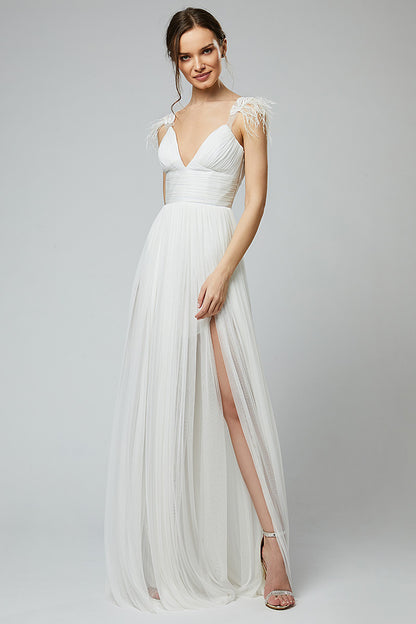 Rochie lunga de mireasa din matase naturala cu corsaj si pene Megane