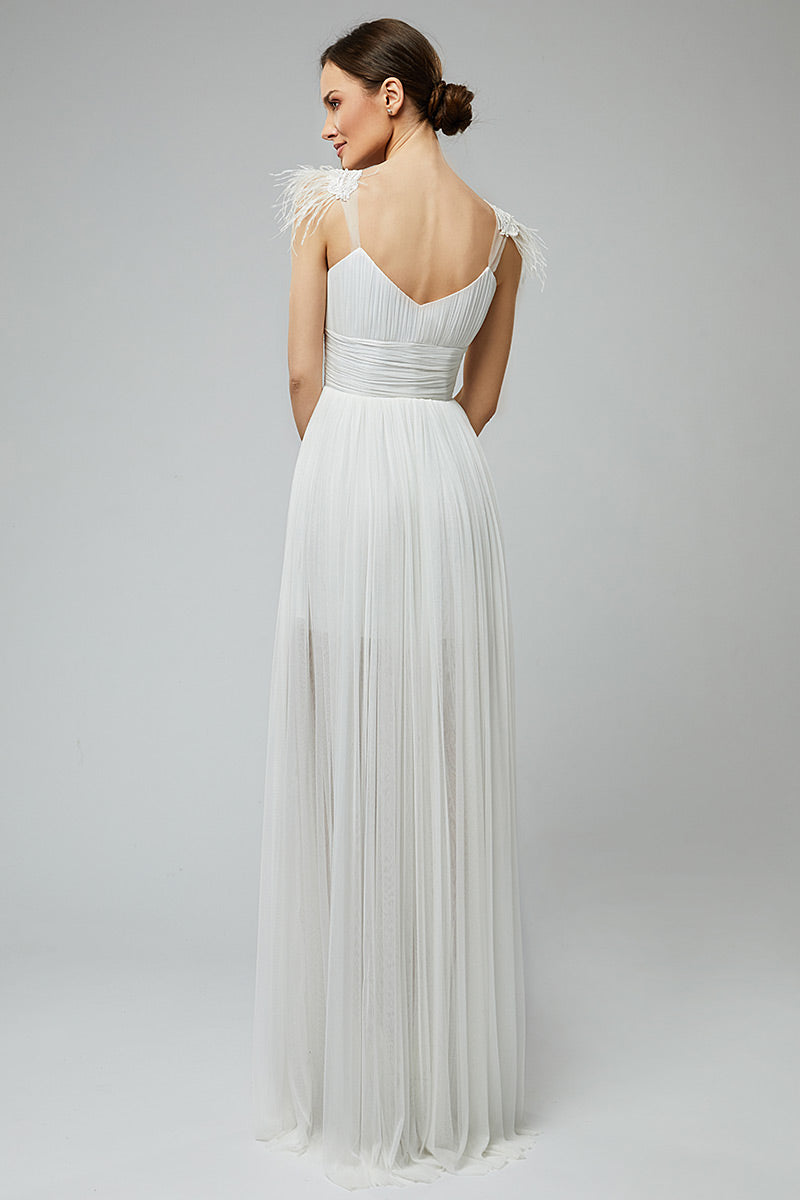 Rochie lunga de mireasa din matase naturala cu corsaj si pene Megane