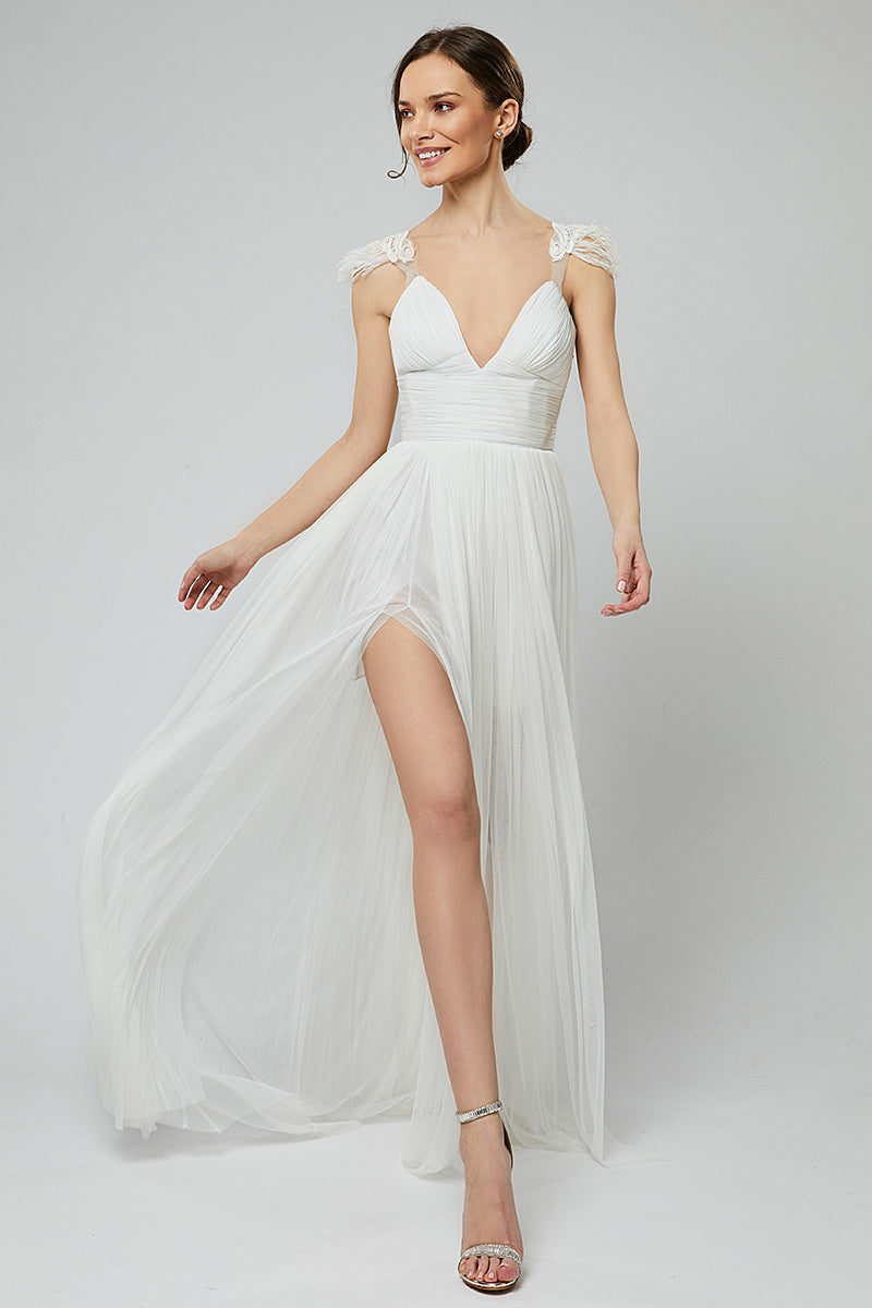 Rochie lunga de mireasa din matase naturala cu corsaj si pene Megane