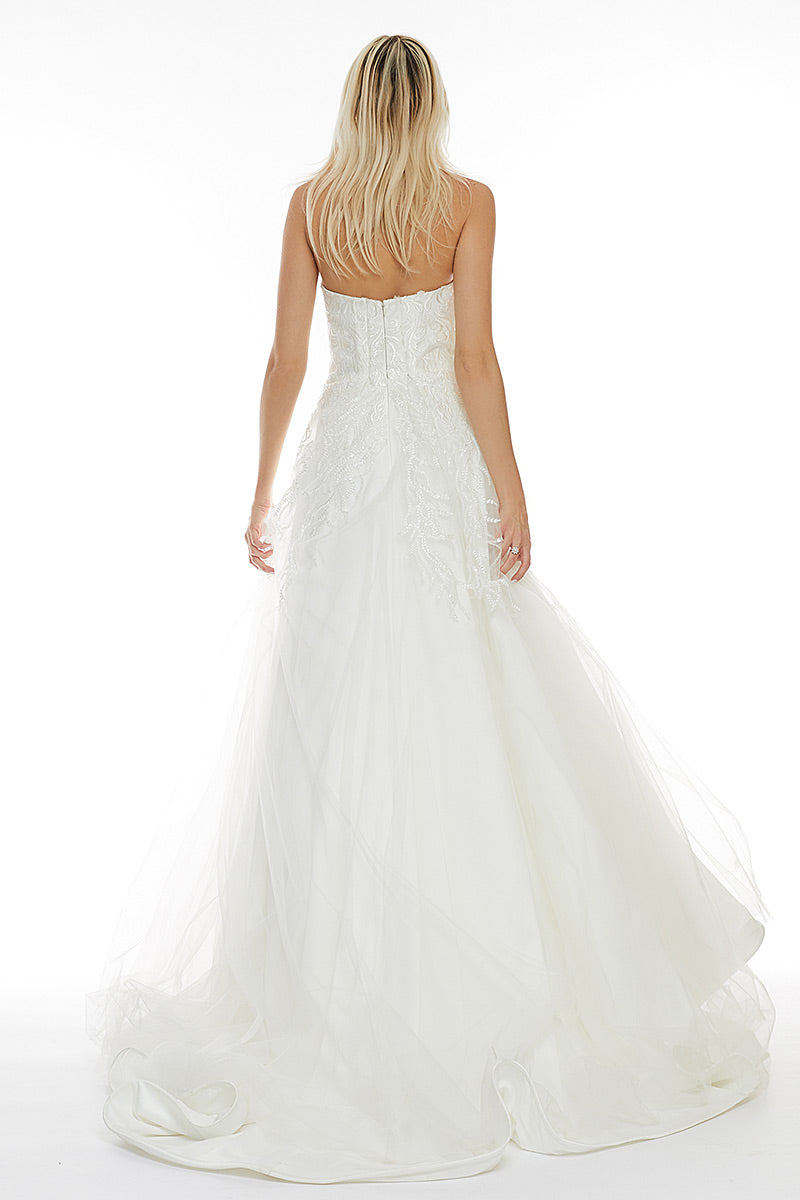 Rochie de mireasa lunga, alba cu corsaj in linia A, Hara