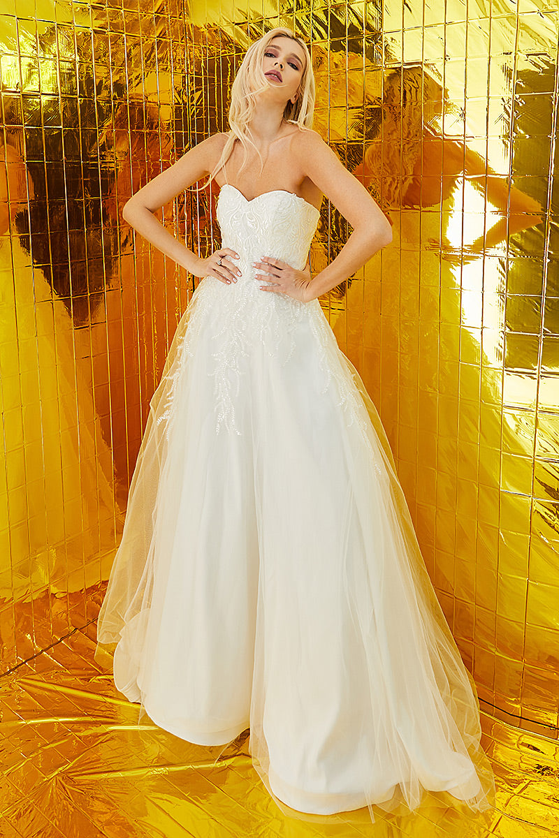 Rochie de mireasa lunga, alba cu corsaj in linia A, Hara