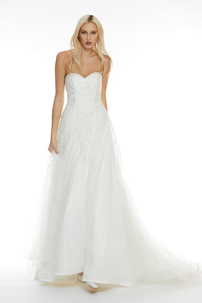 Rochie de mireasa lunga, alba cu corsaj in linia A, Hara