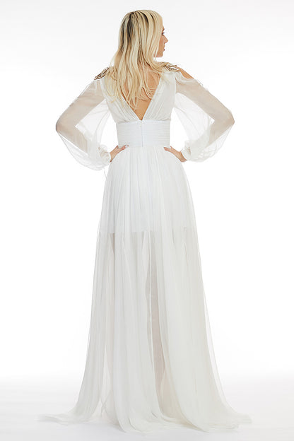 Rochie lunga de mireasa din matase naturala cu maneci lungi si slit Melinda